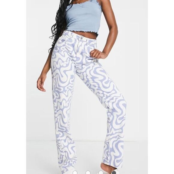 Cotton On Blue Swirl Mom Jeans Women's Blue/White Denim, NWT Festival Artsy | 14 - Picture 1 of 16